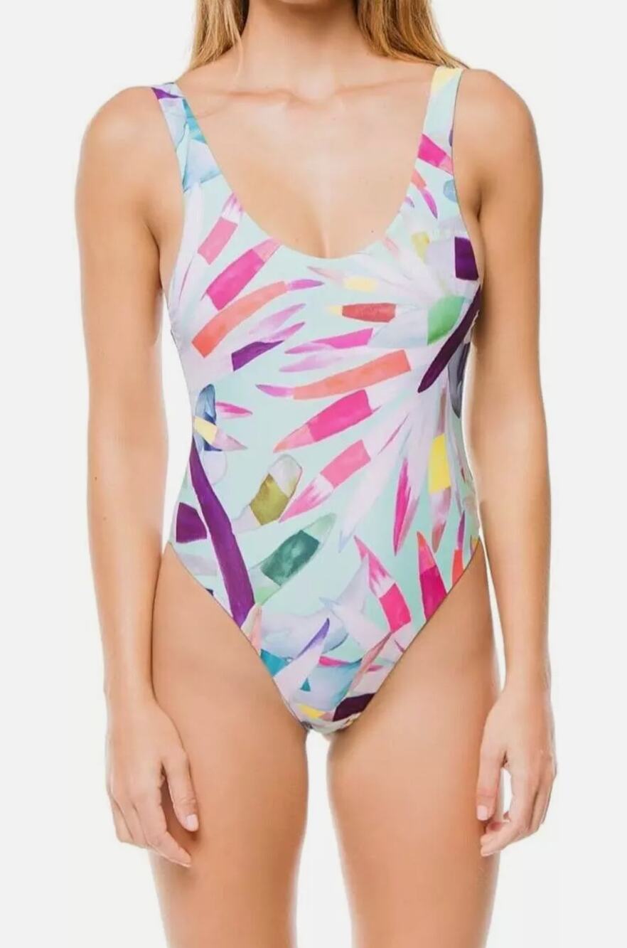 Mara Hoffman Womens Mia Marimba High Cut 1 Piece Aqua Feather Swimsuit, LRG